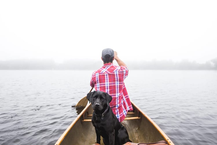 A man and a dog in a canoe