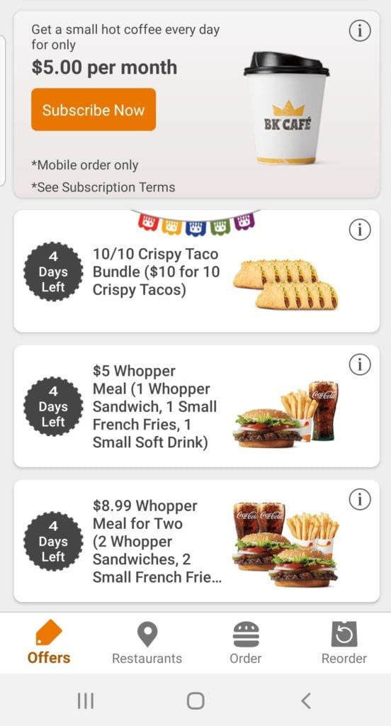 Screenshot of Burger King app deals for mobile order