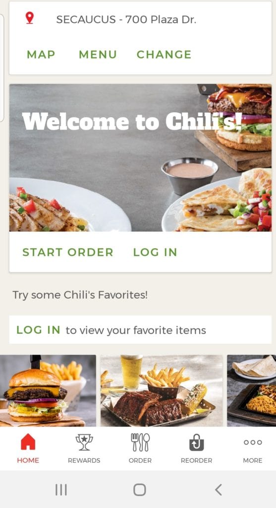 Screenshot of Chili's app as example of options