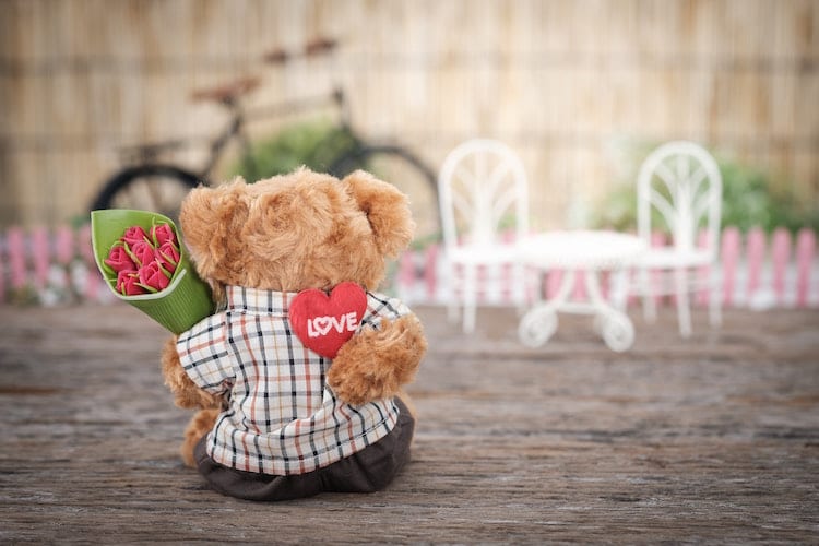A stuffed Valentine's Day teddy bear holding a small bouquet of roses