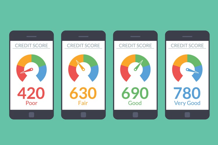 A graphic of four phones showing credit scores, each showing a different score range