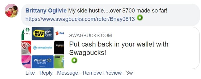 Screenshot of Facebook comment of Brittany Oglivie saying how much money she's earned from Swagbucks