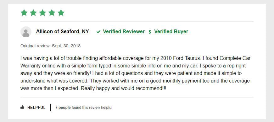 A review on Complete Car Warranty by Allison from Seaford, NY