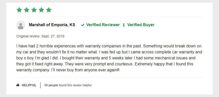 A review on Complete Car Warranty by Marshall from Emporia, KS