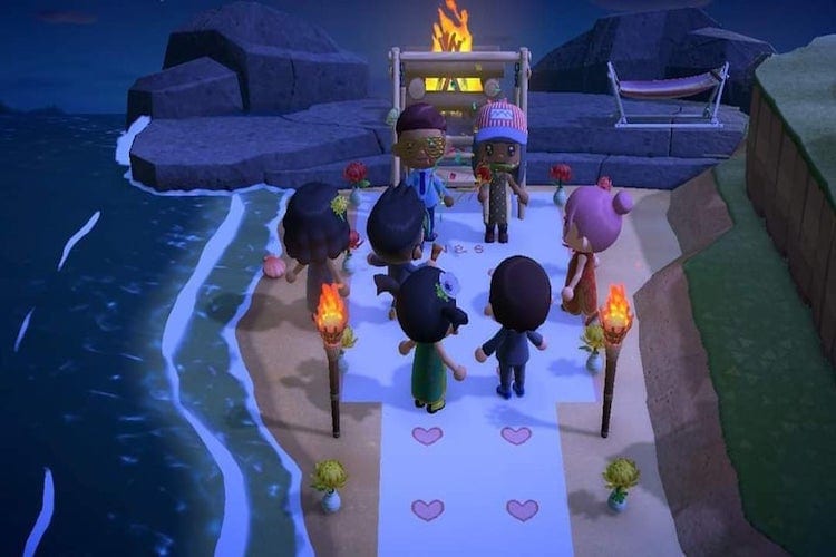 A wedding held on an Animal Crossing island 