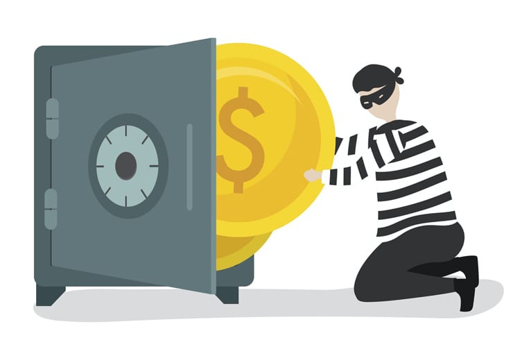 An illustration of a thief stealing coins from a safe