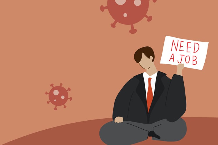 An illustration of a man holding up a "need a job" sign during the pandemic