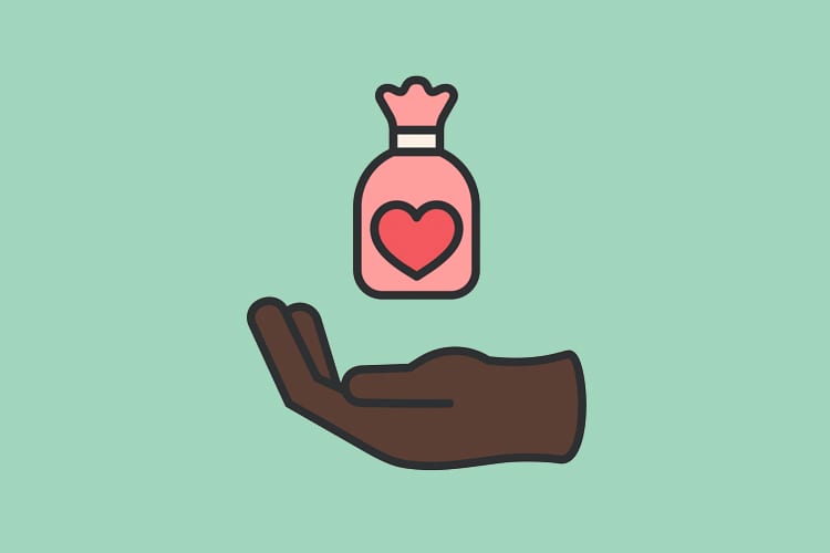 An illustration of a hand holding a bag with a heart on it 