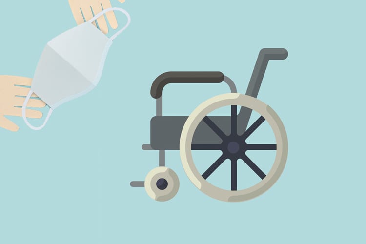 Illustration of pair of hands giving a mask to wheelchair to depict disabled community