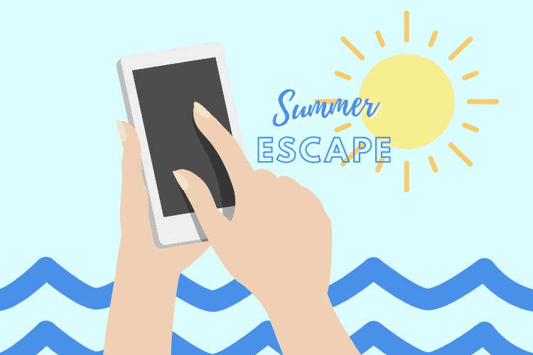 An illustration of the sun, a phone, waves and the words "summer escape"