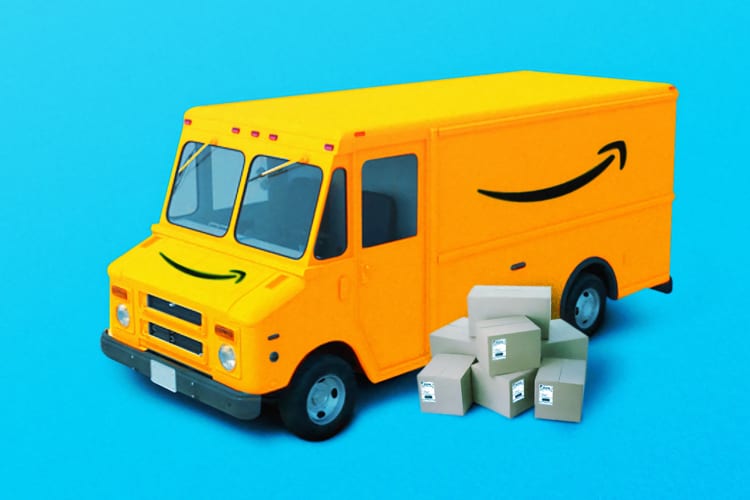 3D animation image of Amazon yellow truck with shipping boxes