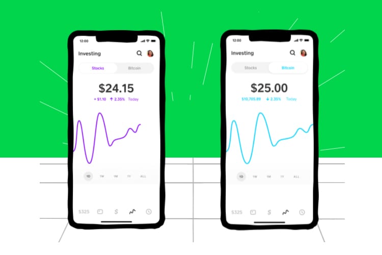 Cash App displayed on 2 iPhones on an illustrated green background