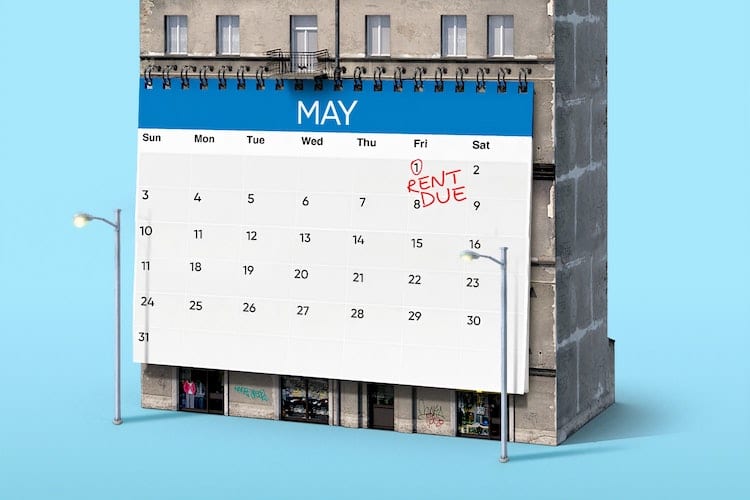 An illustration of a calendar with a rent due date circled on top of a building
