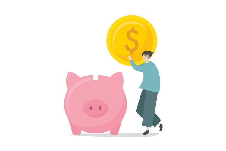 Illustration of man holding a giant coin next to a piggy bank