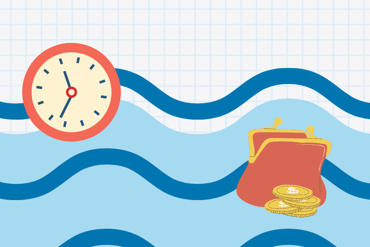 Illustration of the sea with clock and money sinking