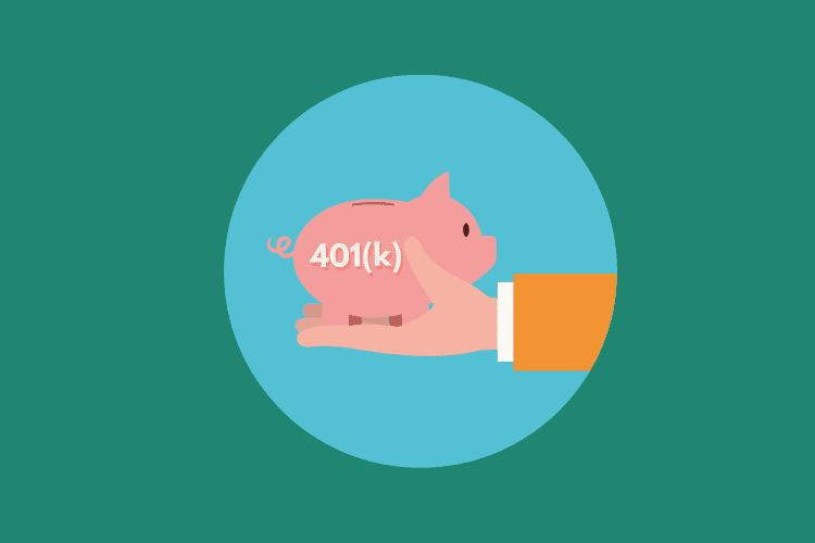 Illustration of a hand holding a piggy bank branded with 401(k) day