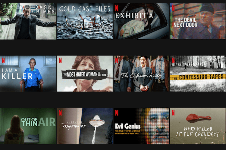 A collection of titlecards of true crime shows on Netflix