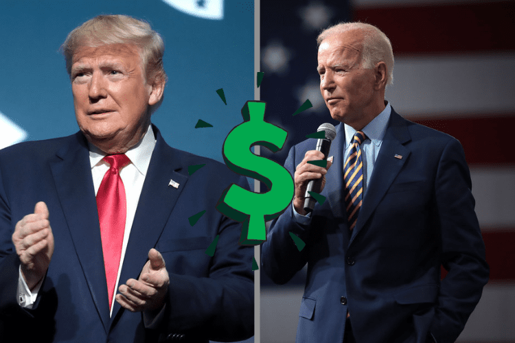 A graphic of Donald Trump and Joe Biden split by a dollar sign
