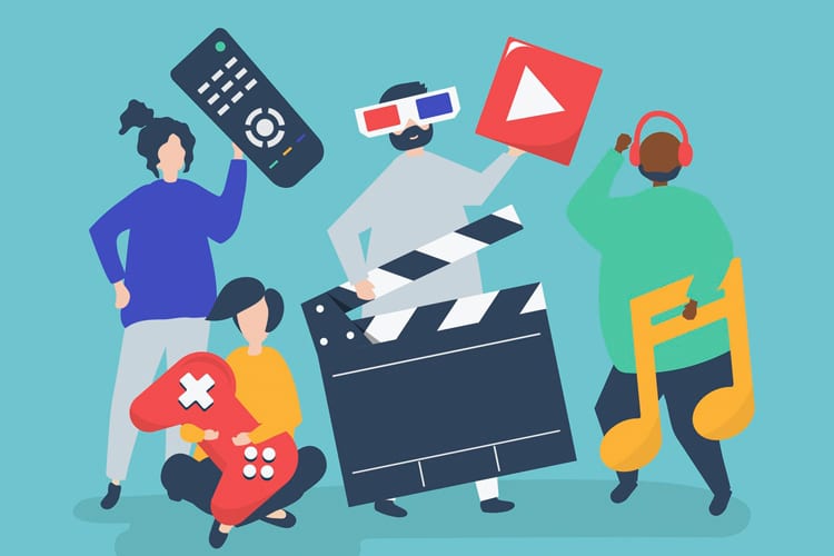 Illustration of 4 humans holding various symbols to indicate different media like streaming and gaming