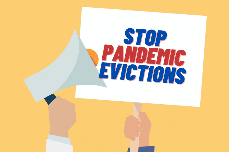 Illustration of hand holding up picket sign that says Stop Pandemic Evictions