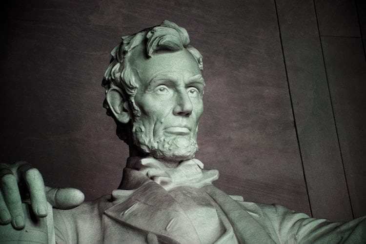 A close-up of the state of Abraham Lincoln at the Lincoln Memorial