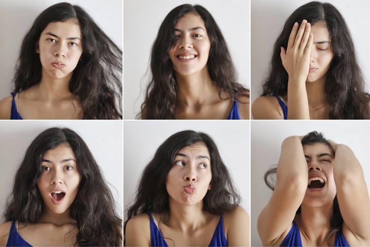 Collage of photos of the same brunette displaying different emotions