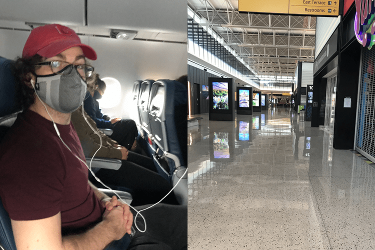 Two photo collage of man in mask sitting in plane and an empty airport hallway