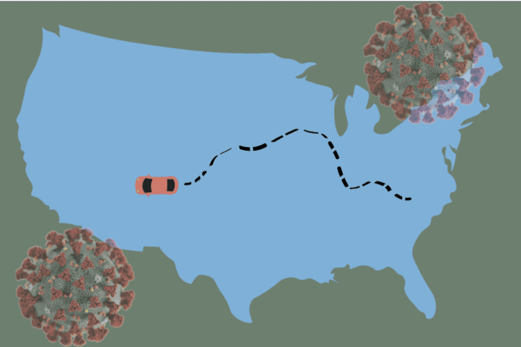 A graphic of a car driving across the country with COVID particles present