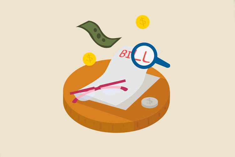 Illustration of money, bills, a pair of glasses and a magnifying glass for personal finance
