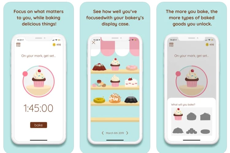 Screenshots of how Bakery Focus app works
